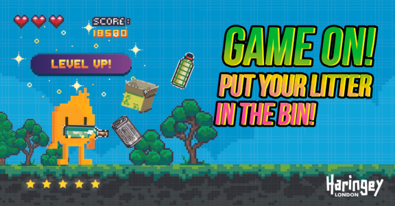 Game on! Put your litter in the bin! Video-game style graphic