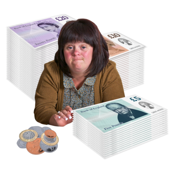 A woman and some coins and banknotes