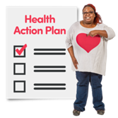 A woman standing next to a health action plan sheet