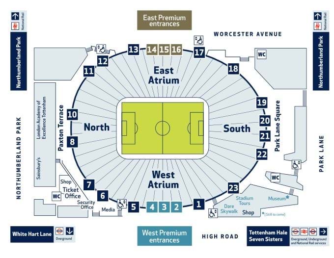 Map of Tottenham Hotspur stadium showing entrance and location of vaccination event