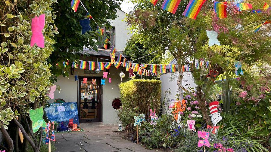 Outside view of Fortis Green Nursery with celebratory pride decorations