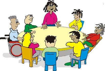 Cartoon picture of a woman standing at a table with seven young people sitting around the table