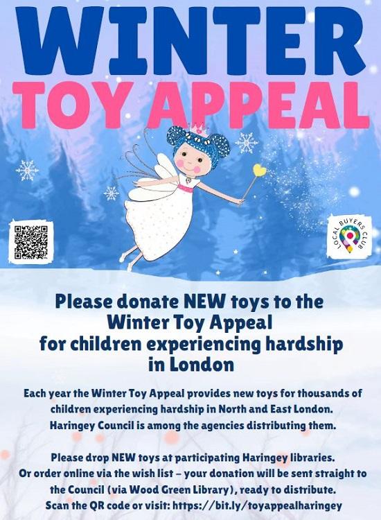 A banner/poster signposting Haringey businesses and residents to the various ways they can help support the Local Buyers Club's Winter Toy Appeal.