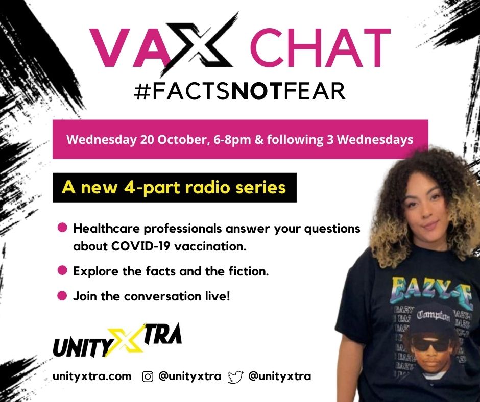 Vax Chat radio series advert on Unity Xtra radio